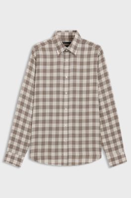 Camicia regular fit in cotone italiano a quadri, Marrone a motivi