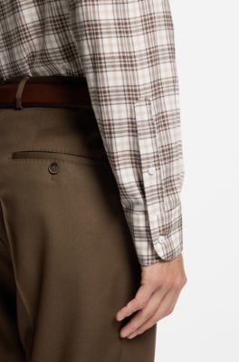 Camicia regular fit in cotone italiano a quadri, Marrone a motivi