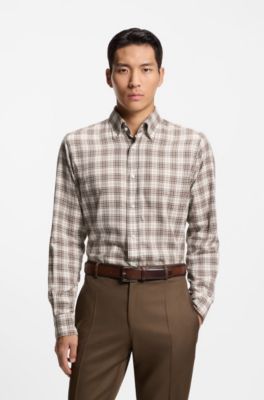 Regular-fit shirt in checked Italian-made cotton, Brown Patterned