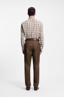 Camicia regular fit in cotone italiano a quadri, Marrone a motivi