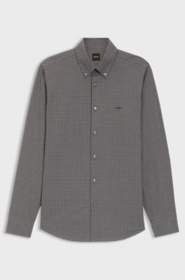 Camicia regular fit in dobby di cotone elasticizzato a quadri, Nero a motivi