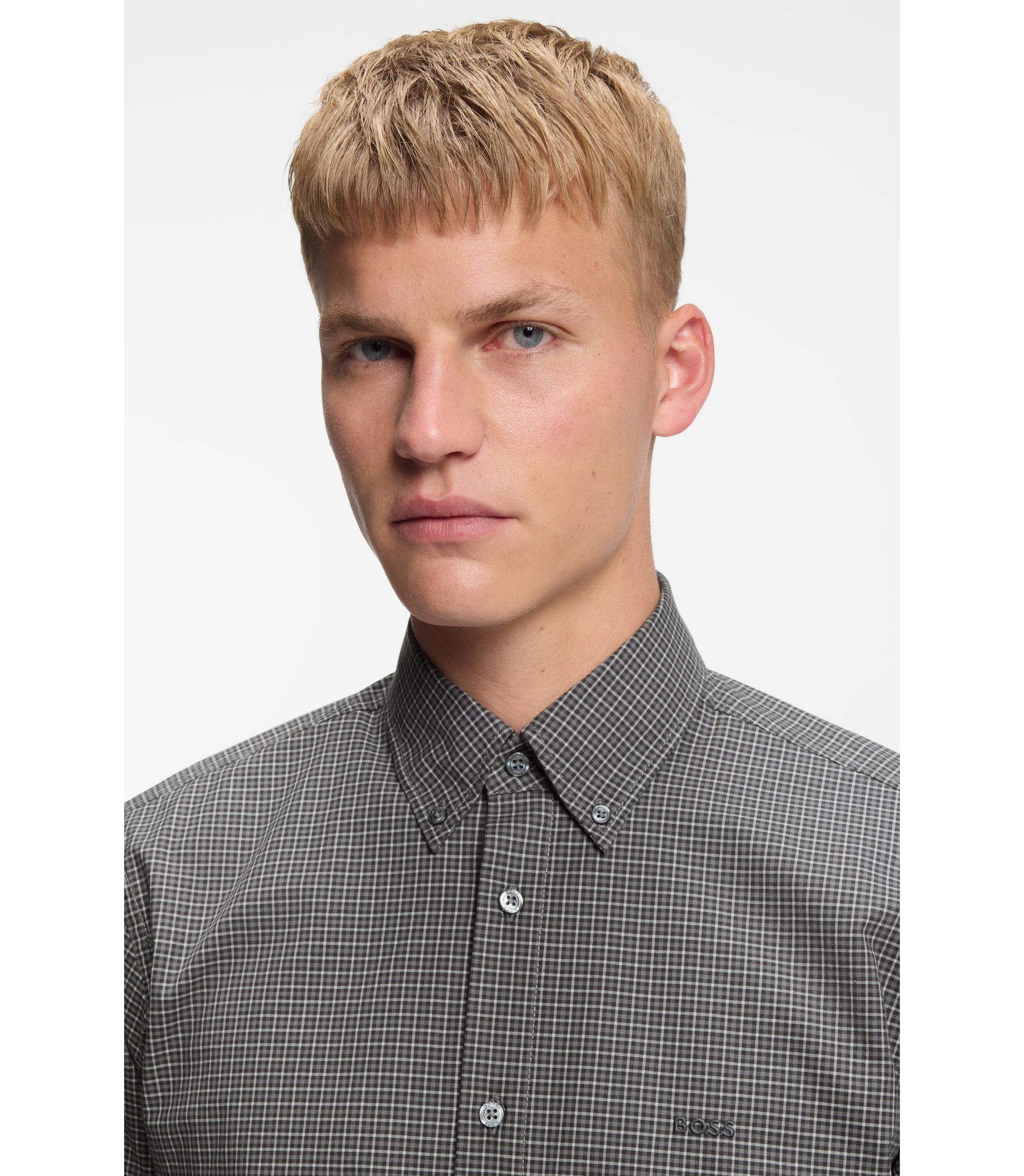 Regular-Fit Hemd aus strukturierter Stretch-Baumwolle mit Karo-Muster