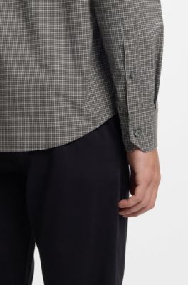 Regular-Fit Hemd aus strukturierter Stretch-Baumwolle mit Karo-Muster, Schwarz gemustert