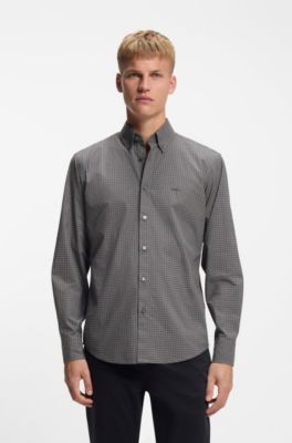 Regular-fit shirt in checked stretch-cotton dobby, Black Patterned