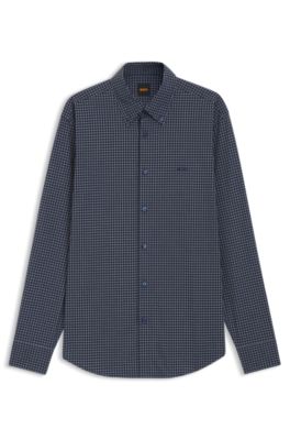 Regular-fit shirt in checked stretch-cotton dobby, Blue Patterned