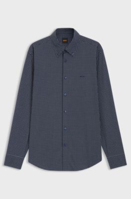 Regular-fit shirt in checked stretch-cotton dobby, Blue Patterned