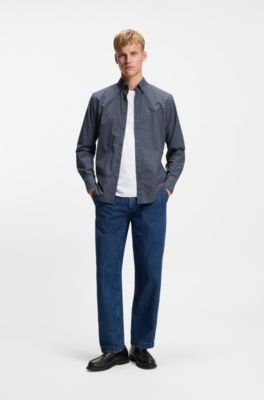Regular-fit overhemd van geruite stretchkatoen met dobbystructuur, Blauw met dessin