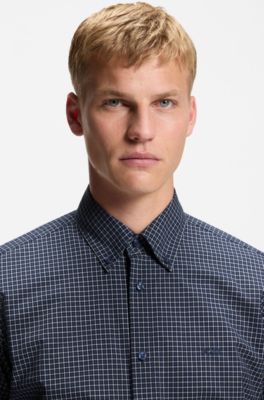 Regular-fit shirt in checked stretch-cotton dobby, Blue Patterned
