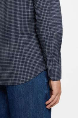 Regular-fit overhemd van geruite stretchkatoen met dobbystructuur, Blauw met dessin