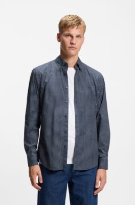 Regular-fit overhemd van geruite stretchkatoen met dobbystructuur, Blauw met dessin