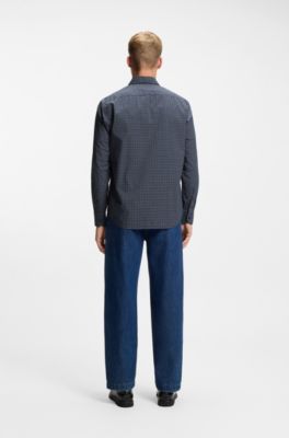 Regular-fit shirt in checked stretch-cotton dobby, Blue Patterned
