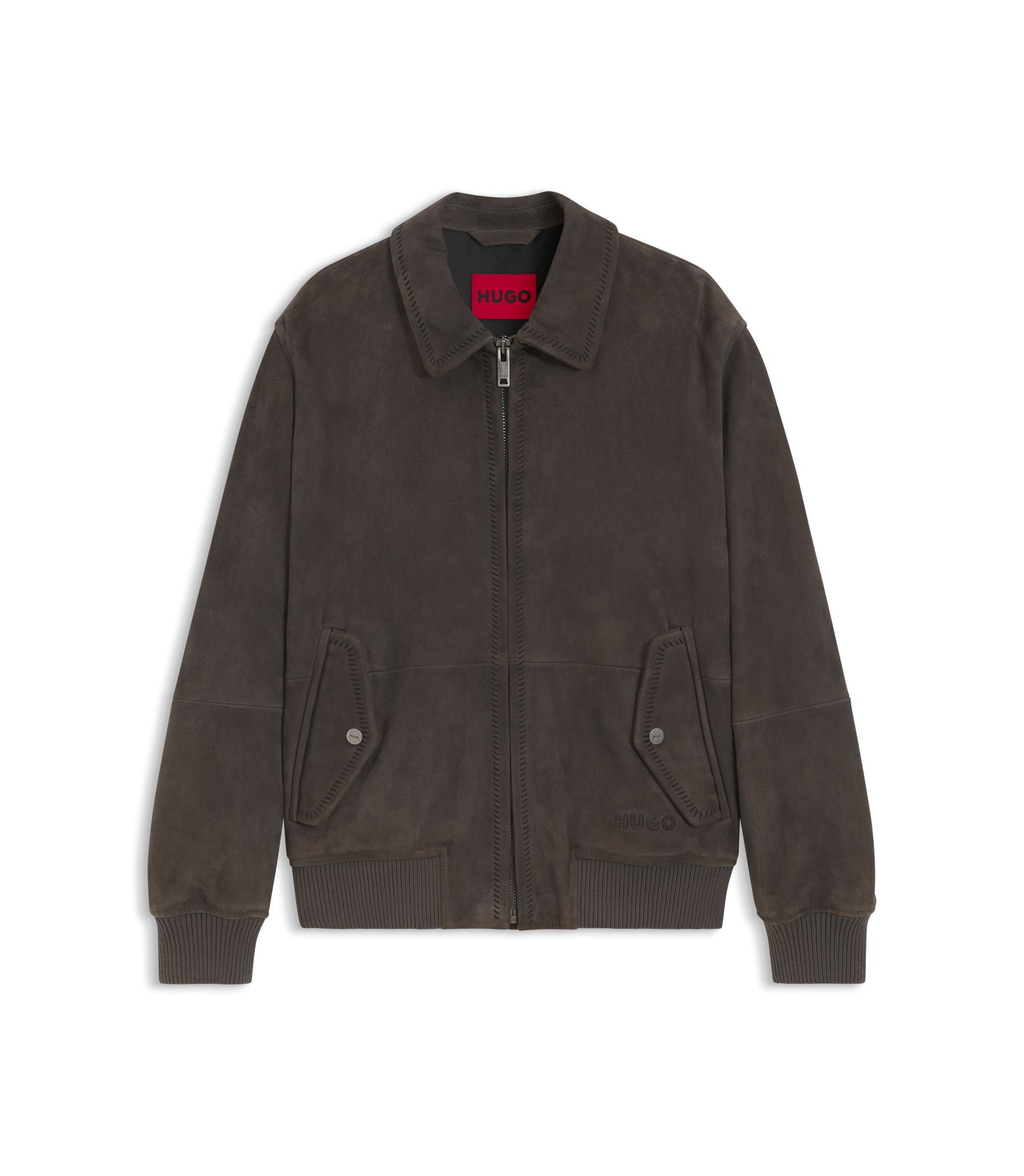 HUGO - Extra-slim-fit jacket in soft suede - Dark Grey