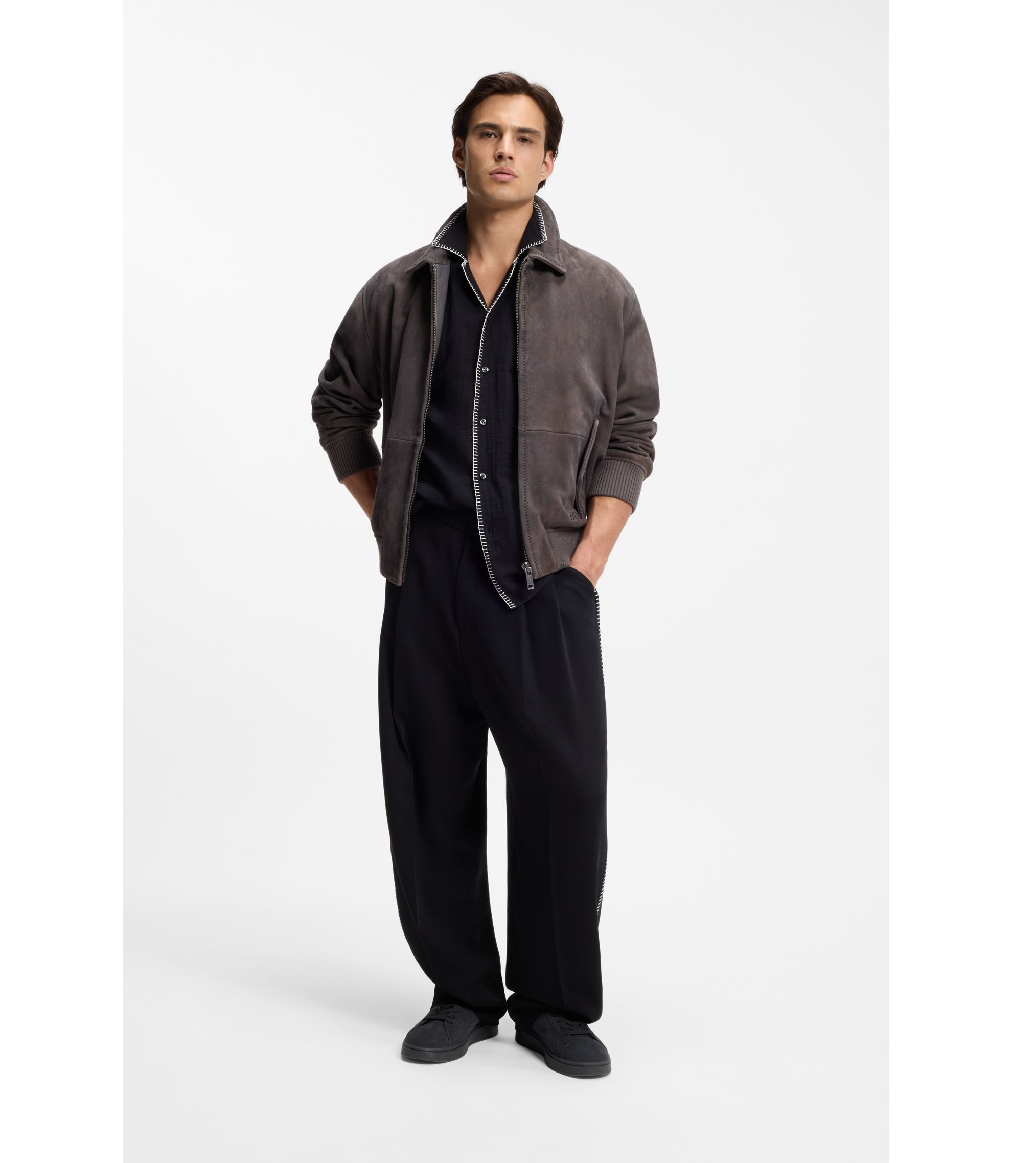 HUGO BOSS ダークオリーブグレー レザーライダースジャケット 中古