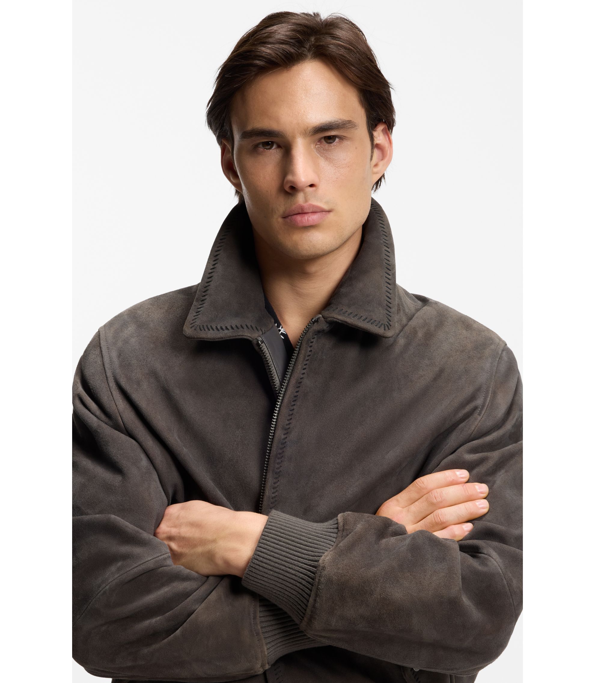 HUGO BOSS ダークオリーブグレー レザーライダースジャケット 中古