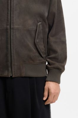Giubbotto extra slim fit in morbida pelle scamosciata, Grigio scuro