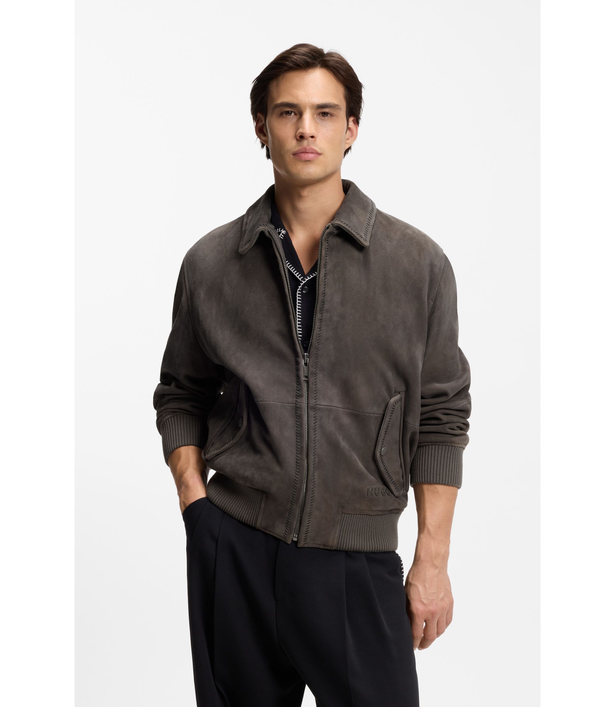 HUGO BOSSグレーMenレザージャケット