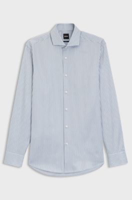 Slim-fit shirt in Italian-made striped cotton twill, Light Blue Stripes