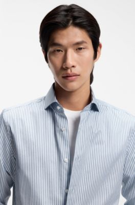 Slim-fit shirt in Italian-made striped cotton twill, Light Blue Stripes