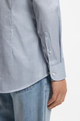Slim-fit shirt in Italian-made striped cotton twill, Light Blue Stripes
