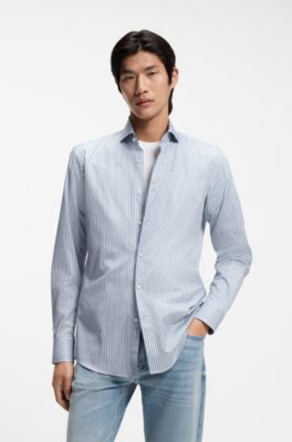 Slim-fit shirt in Italian-made striped cotton twill, Light Blue Stripes