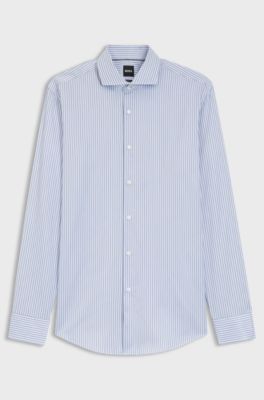 Slim-fit shirt in Italian-made striped cotton twill, Blue
