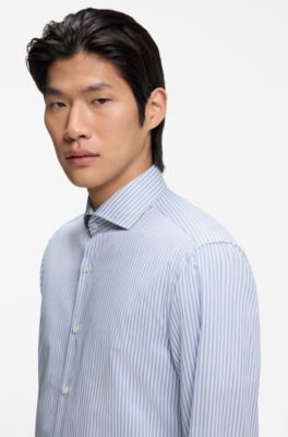 Slim-fit shirt in Italian-made striped cotton twill, Blue