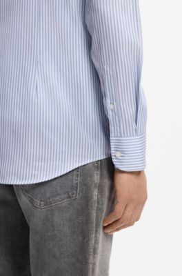 Slim-fit shirt in Italian-made striped cotton twill, Blue