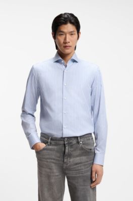 Slim-fit shirt in Italian-made striped cotton twill, Blue