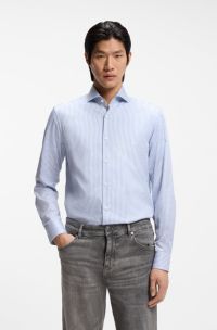 Slim-fit shirt in Italian-made striped cotton twill, Blue
