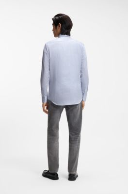 Slim-fit shirt in Italian-made striped cotton twill, Blue