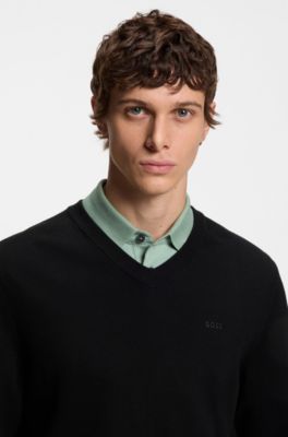 Pullover aus Baumwolle mit V-Ausschnitt, Schwarz