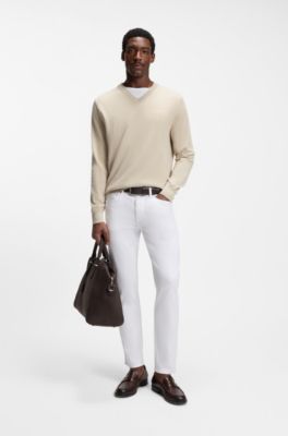 V-neck sweater in cotton with logo embroidery, Light Beige