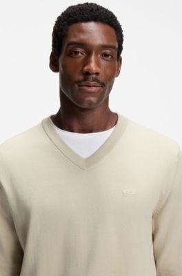 V-neck sweater in cotton with logo embroidery, Light Beige