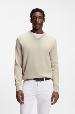 V-neck sweater in cotton with logo embroidery, Light Beige