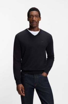 Sweater med V-hals i bomuld, M&oslash;rkebl&aring;