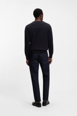 Sweater med V-hals i bomuld, M&oslash;rkebl&aring;