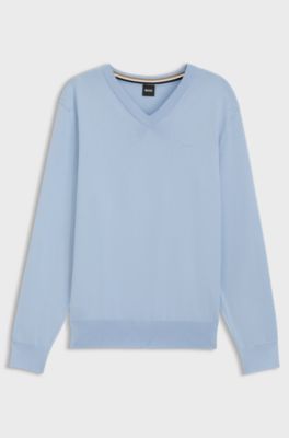 V-neck sweater in cotton with logo embroidery, Light Blue
