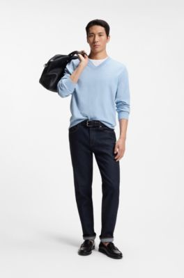V-neck sweater in cotton with logo embroidery, Light Blue