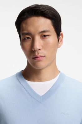 V-neck sweater in cotton with logo embroidery, Light Blue