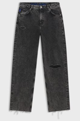 Relaxed fit-jeans i sliten gr&aring; denim utan stretch, Svart