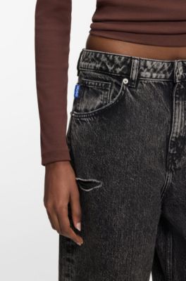 Relaxed-fit jeans in distressed black rigid denim, Black