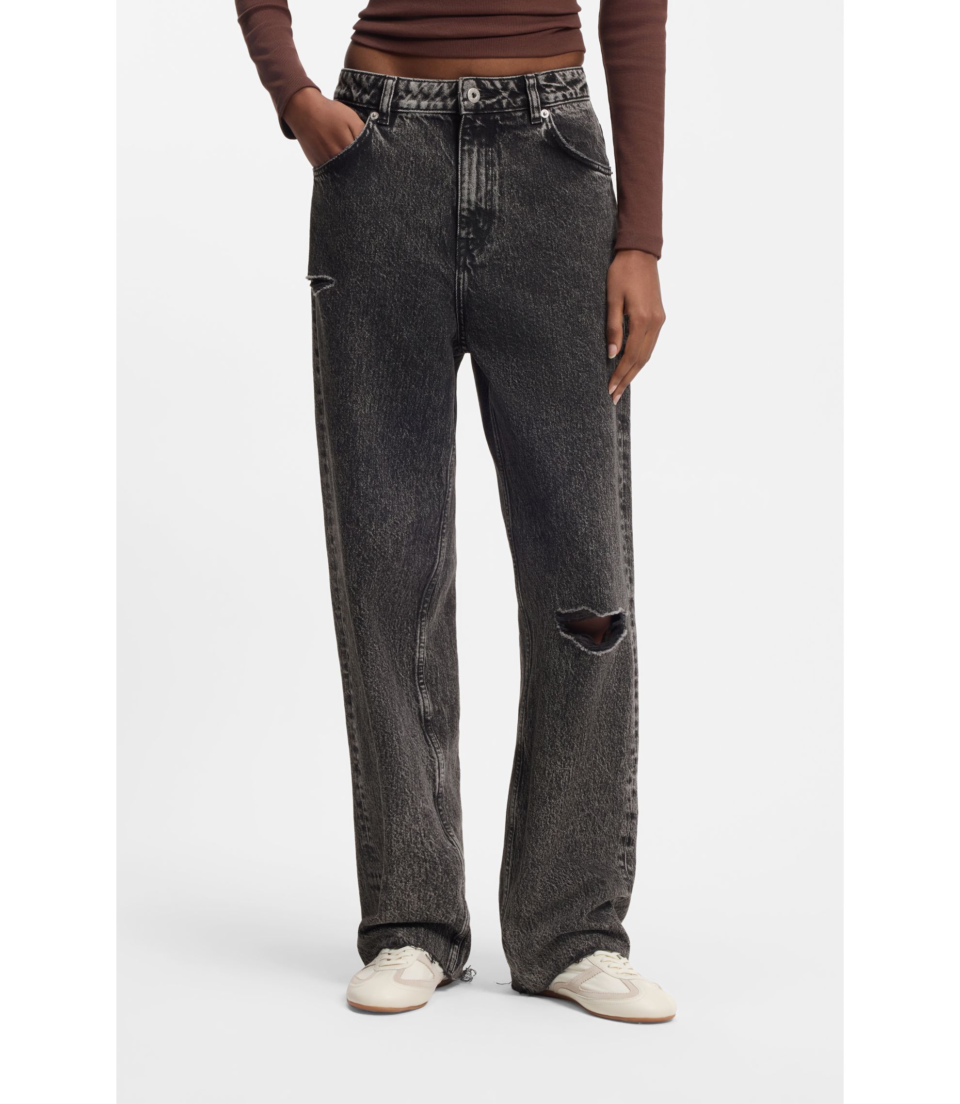 Relaxed-Fit Jeans aus schwarzem, festem Denim in Used-Optik