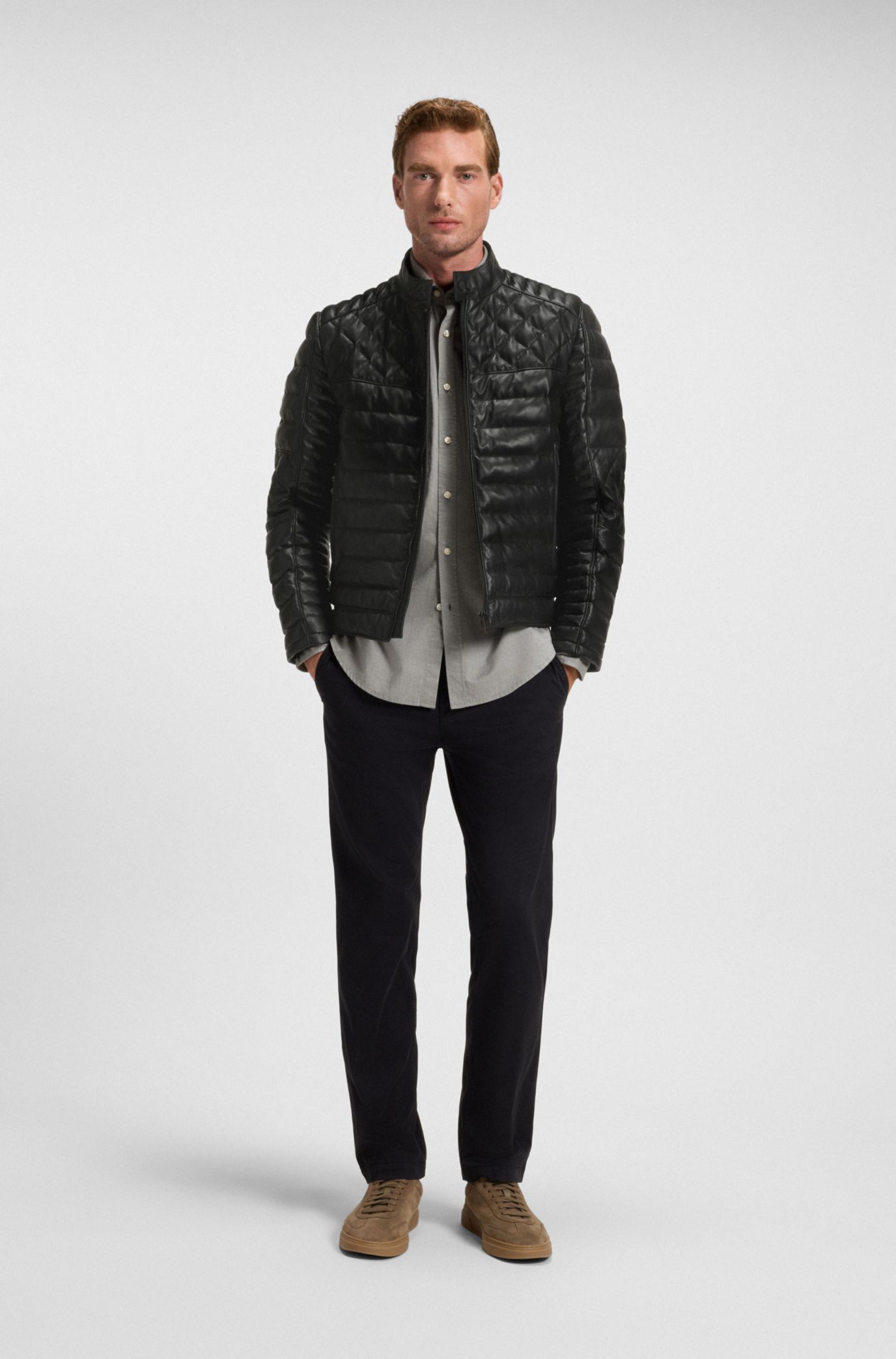 HUGO BOSSキルティング レザージャケット 中綿　本革　ブラック 54 BOSS - ナッパレザー ジャケット ミックスキルティング - ブラック