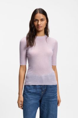Pull en maille c&ocirc;tel&eacute;e de laine m&eacute;lang&eacute;e, Violet clair