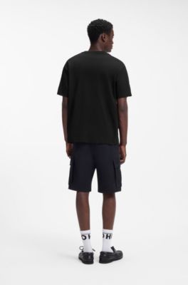 T-shirt relaxed fit in cotone intrecciato con spalle ricamate, Nero