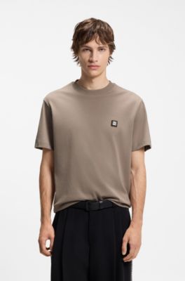  Relaxed-fit T-shirt in interlock cotton with embroidered shoulders, Light Brown