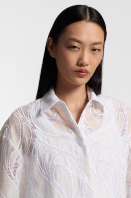 Regular-fit blouse with embroidered flowers, White
