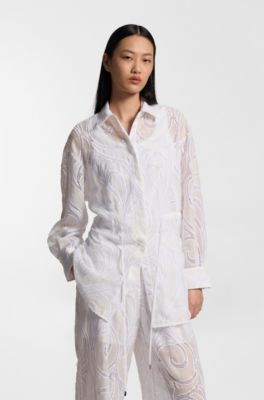 Regular-fit blouse with embroidered flowers, Natural