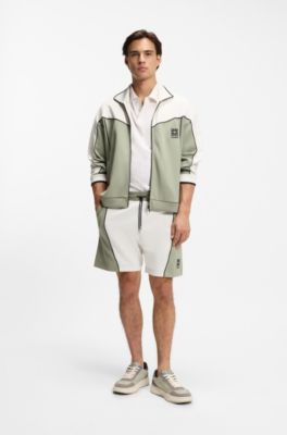 Short en coton m&eacute;lang&eacute; avec logo brod&eacute;, Blanc / Vert