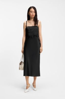 Long-length strappy dress with laser-cut details, Black